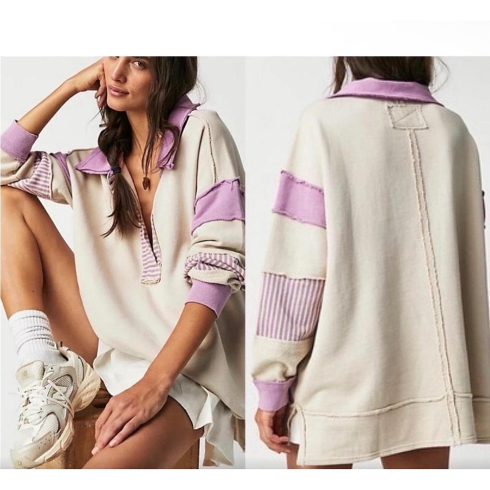Free People We The Free Camden Rugby Sweatshirt Purple Cream Striped M